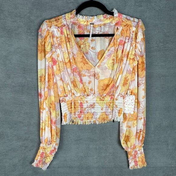 Free People Top Women Extra Small Yellow Floral Boho Beach Festival Whimsy Fairy - Picture 2 of 14